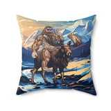 bigfoot riding moose pillow, yeti riding moose pillow, Sasquatch riding moose pillow, Squatch riding moose pillow, bigfoot pillow, yeti pillow, sasquatch pillow, squatch pillow, bigfoot peace sign pillow, yeti peace sign pillow, sasquatch peace sign pillow, squatch peace sign pillow, moose pillow, mountain pillow, mountain and river pillow, snowy mountain pillow, colorado pillow, bigfoot wearing sunglasses pillow, yeti wearing sunglasses pillow, funny bigfoot pillow, funny moose pillow