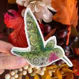 Hummingbird with henna design sticker, hummingbird sticker, hummingbird decal, hummingbird bumper sticker, hummingbird laptop sticker, paisley sticker, Mandelbrot sticker, colorado hummingbird sticker, henna sticker, floral hummingbird, hummingbird with flowers, green hummingbird, broad-tailed hummingbird