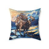 bigfoot riding moose pillow, yeti riding moose pillow, Sasquatch riding moose pillow, Squatch riding moose pillow, bigfoot pillow, yeti pillow, sasquatch pillow, squatch pillow, bigfoot peace sign pillow, yeti peace sign pillow, sasquatch peace sign pillow, squatch peace sign pillow, moose pillow, mountain pillow, mountain and river pillow, snowy mountain pillow, colorado pillow, bigfoot wearing sunglasses pillow, yeti wearing sunglasses pillow, funny bigfoot pillow, funny moose pillow