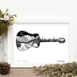 mt. evans art, mount evans artwork, mt. evans drawing, mount evans illustration, acoustic guitar art, acoustic guitar artwork, acoustic guitar illustration, acoustic guitar dotwork, acoustic guitar line art, campfire art, camping art, campfire illustration, camping artwork, colorado art, colorado artwork, colorado illustration, colorado camping art