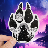 Wolf paw with mountains and full moon. Wolf sticker, wolf paw sticker, wolf paw silhouette sticker, wolf silhouette sticker, paw sticker, wolf howling at full moon sticker, colorado wolf sticker, colorado sticker, mount eva sticker, mountain sticker, colorado mountain sticker, full moon sticker, dog sticker, dog paw print sticker