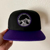 Purple Elevation Addict Hat; Are you an elevation addict?  This hat is for you, line art telluride hat, line art colorado flowers, colorado rockies hat color, mountain hat, colorado hat, mountain trucker hat, colorado trucker hat, line art trucker hat