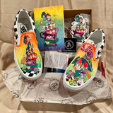 custom hand-painted alice in wonderland vans, custom alice in wonderland vans, custom alice in wonderland shoes,  mad hatter vans, alice in wonderland tea party vans, Cheshire cat vans, mushroom vans, custom vans, custom sneaks, custom sneakers, custom shoes, custom vans shoes, custom slip-on vans, hand-painted vans, hand painted vans shoes, hand painted vans, hand painted shoes, custom painted vans