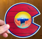 Colorado Flag C with Garden of the Gods and Wood Grain, colorado flag sticker, colorado flag slap