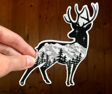 Deer with mountain range and stars.  deer sticker, deer silhouette sticker, deer decal, deer bumper sticker, mountain sticker, mountain decal, mountain bumper sticker, colorado mountain sticker
