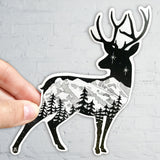 Deer with mountain range and stars.  deer sticker, deer silhouette sticker, deer decal, deer bumper sticker, mountain sticker, mountain decal, mountain bumper sticker, colorado mountain sticker