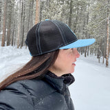 Elevation Addict Hat with Colorful Aspen art under the bill; Are you an elevation addict? This hat is for you, line art telluride hat, colorful aspen stand, aspen hat, colorado rockies hat, line art mountain hat, colorado hat, mountain trucker hat, colorado trucker hat, line art trucker hat