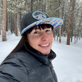 Elevation Addict Hat with Colorful Aspen art under the bill; Are you an elevation addict? This hat is for you, line art telluride hat, colorful aspen stand, aspen hat, colorado rockies hat, line art mountain hat, colorado hat, mountain trucker hat, colorado trucker hat, line art trucker hat