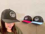 Elevation Addict Hat with Colorful Aspen art under the bill; Are you an elevation addict? This hat is for you, line art telluride hat, colorful aspen stand, aspen hat, colorado rockies hat, line art mountain hat, colorado hat, mountain trucker hat, colorado trucker hat, line art trucker hat