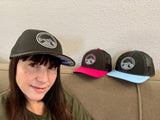 Elevation Addict Hat with Colorful Aspen art under the bill; Are you an elevation addict? This hat is for you, line art telluride hat, colorful aspen stand, aspen hat, colorado rockies hat, line art mountain hat, colorado hat, mountain trucker hat, colorado trucker hat, line art trucker hat