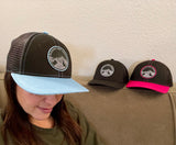 Elevation Addict Hat with Colorful Aspen art under the bill; Are you an elevation addict? This hat is for you, line art telluride hat, colorful aspen stand, aspen hat, colorado rockies hat, line art mountain hat, colorado hat, mountain trucker hat, colorado trucker hat, line art trucker hat