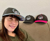 Elevation Addict Hat with Colorful Aspen art under the bill; Are you an elevation addict? This hat is for you, line art telluride hat, colorful aspen stand, aspen hat, colorado rockies hat, line art mountain hat, colorado hat, mountain trucker hat, colorado trucker hat, line art trucker hat