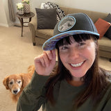 Elevation Addict Hat with Colorful Aspen art under the bill; Are you an elevation addict? This hat is for you, line art telluride hat, colorful aspen stand, aspen hat, colorado rockies hat, line art mountain hat, colorado hat, mountain trucker hat, colorado trucker hat, line art trucker hat