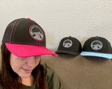 Elevation Addict Hat with Colorful Aspen art under the bill; Are you an elevation addict? This hat is for you, line art telluride hat, colorful aspen stand, aspen hat, colorado rockies hat, line art mountain hat, colorado hat, mountain trucker hat, colorado trucker hat, line art trucker hat