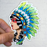 Warrior Princess Sticker, indian woman sticker, Indian sticker, native American Indian sticker, female Indian Warrior sticker, Americana Indian Warrior Sticker, Americana Female Indian Warrior Sticker, Indian Decal, Indian Warrior Decal, Female Indian Warrior Decal, Indian head dress sticker, Indigenous Warrior Sticker