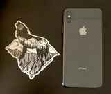 Mt. LEVAtation Sticker : Wolf silhouette on floating island sticker, wolf silhouette sticker, wolf howling sticker, line art sticker, floating island sticker, wolf sticker, mt Eva sticker, wolf silhouette sticker, wolf howling sticker, full moon sticker, vinyl wolf sticker, wolf vinyl sticker, wolf bumper sticker, wolf decal