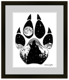 Wolf artwork, full moon art, howling at the moon art, mountains art, stars art, evergreen trees art, colorado artist, colorado art, colorado artwork, dotwork art, stipple art, wolf silhouette art, wolf paw silhouette art, wolf footprint silhouette art, big dipper art, little dipper art, wolf drawing, dog drawing, dog paw art