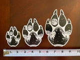 Wolf paw with mountains and full moon. Sticker, wolf paw sticker, wolf paw silhouette sticker, wolf silhouette sticker, paw sticker, wolf howling at full moon sticker