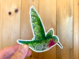 Hummingbird with henna design sticker, hummingbird sticker, hummingbird decal, hummingbird bumper sticker, hummingbird laptop sticker, paisley sticker, Mandelbrot sticker, colorado hummingbird sticker, henna sticker, floral hummingbird, hummingbird with flowers, green hummingbird, broad-tailed hummingbird