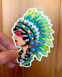 Warrior Princess Sticker, indian woman sticker, Indian sticker, native American Indian sticker, female Indian Warrior sticker, Americana Indian Warrior Sticker, Americana Female Indian Warrior Sticker, Indian Decal, Indian Warrior Decal, Female Indian Warrior Decal, Indian head dress sticker, Indigenous Warrior Sticker