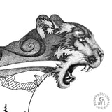 Close Up: Loveland Prowler features Loveland Ski Resort mountain range, swirling wind and a mountain lion (cougar, puma, cat), loveland ski area, mountain lion silhouette, cougar silhouette, puma silhouette, cougar drawing, mountain lion drawing, puma drawing, cat drawing, cougar roaring, mountain lion roaring, puma roaring, cougar footprint, mountain lion footprint, puma footprint, cougar paw, mountain lion paw, puma paw, cat paw