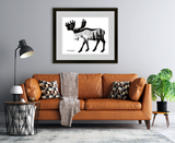 Moose with mountain range and crescent moon. Moose artwork, crescent moon drawing, mountains drawing, stars drawing, evergreen trees drawing, colorado artist, colorado art, colorado artwork, dotwork art, moose silhouette art