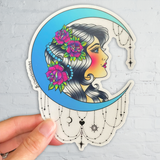 Moon Goddess sticker, Moon Goddess fine drawing, American traditional Moon goddess sticker, traditional style Moon goddess sticker, crescent moon with jewelry sticker, gem sticker, pin up sticker, American traditional woman sticker, American traditional girl sticker, diamond cut circle pendant sticker, old school moon goddess sticker, sailor jerry moon goddess sticker