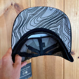 trucker hat, mountain trucker hat, snowboard hat with mountains, skater hat with mountains, trucker hat with mountains, trucker hat with contour lines, snowboard hat with contour lines, skater hat with contour lines, snowshoe hat, black white mountain hat, colorado mountain hat