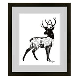 Deer with mountain range and stars. deer artwork, mountains drawing, stars, drawing evergreen trees drawing, colorado artist, colorado art, colorado artwork, dotwork art, elk art, elk drawing, deer silhouette art, buck silhouette art, doe silhouette art