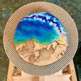 Breckenridge Peaks with Milky Way Galaxy Pyrography, Breckenridge mountain pyrography, galaxy pyrography, dotwork mountains pyrography, milky way pyrography, Breckenridge Peaks with Milky Way Galaxy wood burning, Breckenridge mountain wood burning, galaxy wood burning, dotwork mountains wood burning, milky way wood burning