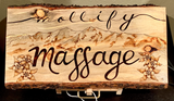 pyrography art : business sign, massage sign, mountain pyrography, mountain wood burning, columbine flowers pyrography, columbine flowers wood burning, pyrography art, wood burning art, wood working
