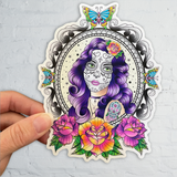 Day of the dead sticker, Dia de Muertos sticker, candy skull sticker, sugar skull sticker, American traditional woman sticker, sailor jerry sticker, old school tattoo sticker, old school butterfly sticker, old school roses sticker, Santa Murete sticker