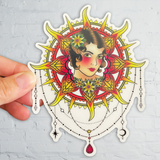 Sun Goddess sticker, Sun Goddess drawing, American traditional sun goddess sticker, traditional style sun goddess sticker, mandala sun sticker, pin up sticker, American traditional woman sticker, American traditional girl sticker, diamond cut tear drop pendant sticker, gem sticker, sailor jerry sun goddess sticker, old school sun goddess sticker