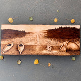 pyrography art : wood burned lake, pyrography lake, wood burning art, wood burned fire, pyrography fire, wood burned tent, pyrography tent, wood burned water, pyrography water, burned bonfire, pyrography bonfire
