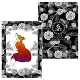 Fox with pinecone border greeting card, Foxy Lady with Pinecone border card; fox card, pinecone card, black and white floral card, black and white hand drawn floral card, black and white pinecone card, henna card, paisley card