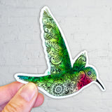 Hummingbird with henna design sticker, hummingbird sticker, hummingbird decal, hummingbird bumper sticker, hummingbird laptop sticker, paisley sticker, Mandelbrot sticker, colorado hummingbird sticker, henna sticker, floral hummingbird, hummingbird with flowers, green hummingbird, broad-tailed hummingbird