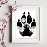 Wolf artwork, full moon art, howling at the moon art, mountains art, stars art, evergreen trees art, colorado artist, colorado art, colorado artwork, dotwork art, stipple art, wolf silhouette art, wolf paw silhouette art, wolf footprint silhouette art, big dipper art, little dipper art, wolf drawing, dog drawing, dog paw art, dog art, dog paw drawing