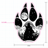 Wolf paw with mountains and full moon. Sticker, wolf paw sticker, wolf paw silhouette sticker, wolf silhouette sticker, paw sticker, wolf howling at full moon sticker