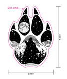 Wolf paw with mountains and full moon. Sticker, wolf paw sticker, wolf paw silhouette sticker, wolf silhouette sticker, paw sticker, wolf howling at full moon sticker