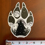 Wolf paw with mountains and full moon. Sticker, wolf paw sticker, wolf paw silhouette sticker, wolf silhouette sticker, paw sticker, wolf howling at full moon sticker