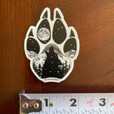 Wolf paw with mountains and full moon. Sticker, wolf paw sticker, wolf paw silhouette sticker, wolf silhouette sticker, paw sticker, wolf howling at full moon sticker