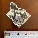 Mt. LEVAtation Sticker : Wolf silhouette on floating island sticker, wolf silhouette sticker, wolf howling sticker, line art sticker, floating island sticker, wolf sticker, mt Eva sticker, wolf silhouette sticker, wolf howling sticker, full moon sticker, vinyl wolf sticker, wolf vinyl sticker, wolf bumper sticker, wolf decal