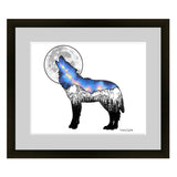 Wolf artwork, full moon art, howling at the moon art, mountains art, stars drawing, evergreen trees art, colorado artist, colorado art, colorado artwork, dotwork art, wolf silhouette art, galaxy art, stars art, wolf drawing, galaxy drawing, watercolor galaxy, star drawing