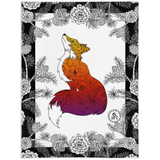 Foxy Lady with Pinecone border Fleece blanket; fox blanket, pinecone blanket, black and white floral blanket, black and white hand drawn floral blanket, black and white pinecone blanket, henna blanket, paisley blanket