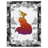 Foxy Lady with Pinecone border Fleece blanket; fox blanket, pinecone blanket, black and white floral blanket, black and white hand drawn floral blanket, black and white pinecone blanket, henna blanket, paisley blanket