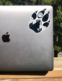 Wolf paw with mountains and full moon.  Sticker, wolf paw sticker, wolf paw silhouette sticker, wolf silhouette sticker, paw sticker, wolf howling at full moon sticker