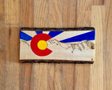colorado flag, colorado flag with mount eva, colorado flag with sun rays, colorado flag with mountain, pyrography art, hand painted, wood burning art