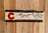 Colorado flag with wolves, colorado flag with wolf, colorado flag with mountain, pyrography art, wood burning art, hand painted