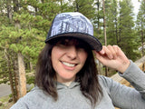 trucker hat, mountain trucker hat, snowboard hat with mountains, skater hat with mountains, trucker hat with mountains, trucker hat with contour lines, snowboard hat with contour lines, skater hat with contour lines, snowshoe hat, black white mountain hat, colorado mountain hat