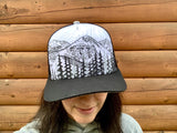 trucker hat, mountain trucker hat, snowboard hat with mountains, skater hat with mountains, trucker hat with mountains, trucker hat with contour lines, snowboard hat with contour lines, skater hat with contour lines, snowshoe hat, black white mountain hat, colorado mountain hat